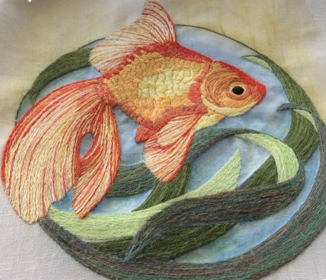 Goldfish Embroidery Pattern, Goldfish Embroidery, Sea Embroidery, Realistic Embroidery, Embroidery Paintings, Fish Embroidery, Hand Embroidery Dress, Handmade Stamps, Basic Embroidery Stitches