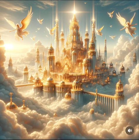 Heaven Kingdom Fantasy Art, Heaven Fantasy Art, Castle On Clouds, Heaven Castle, Magical Palace, Cloud Kingdom, Golden City, Heaven Art, Fantasy Theme