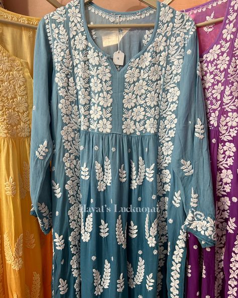 Classic and refined: Nyra cut chikankari kurti with delicate embroidery.Shop these pretty kurtis from our website www.hayatslucknowi.com Pretty Kurtis, Nyra Cut, Chikankari Kurti, Saree Design, Delicate Embroidery, Modesty Fashion, Embroidery Shop, June 15, Design Patterns