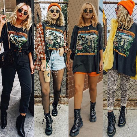 420 Me gusta, 5 comentarios - Nicole Alyse (@nicolealyseee) en Instagram: "1 vintage Harley tee worn 4 ways 🧡 Vintage is the most sustainable clothing you can buy and…" Nicole Alyse, Martens Outfit, Look Boho Chic, Quirky Style, Alt Outfits, Rock Outfit, Mode Boho, Rock Punk, Rock Chic