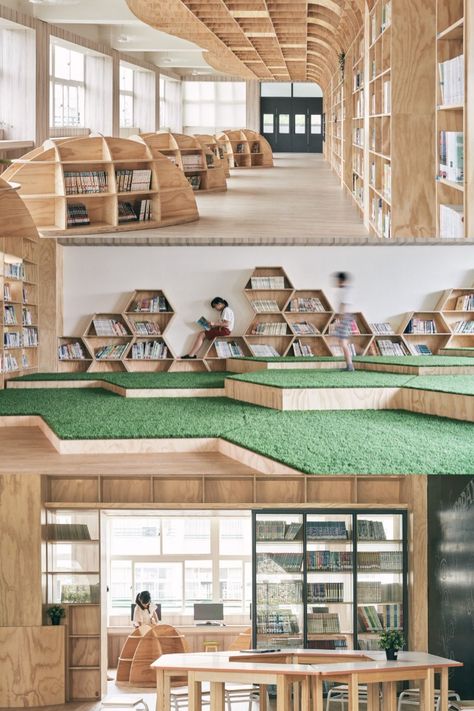 Design Library Architecture, Interior Library Design, Innovative Library Design, School Library Architecture, Elementary Classroom Interior Design, School Library Aesthetic Modern, Library School Design, Childrens Library Design, Elementary School Design Architecture