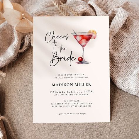 $2.92 | Cheers To The Bride Bridal Shower Minimalist - cheers to the bride, cosmopolitan, cocktail, minimalist, simple, clean modern, red, orange slice cherry, cocktail party, calligraphy Happy Hour Wedding Shower Ideas, Happy Hour Bridal Shower Theme, Happy Hour Bridal Shower Ideas, Cocktails Invitation, Bridal Shower Minimalist, Bridal Shower Cocktails, Shower Minimalist, Minimalist Invitation, Wedding Festivities