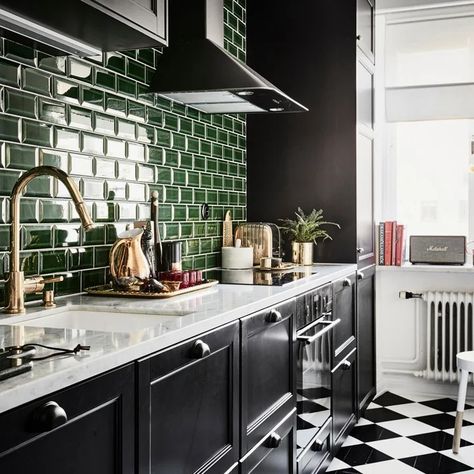 75 Kitchen with Black Cabinets and Green Backsplash Ideas You'll Love - August, 2024 | Houzz Checkered Floor Kitchen, Green Tile Backsplash, Green Backsplash, Gravity Home, Eclectic Kitchen, Black Kitchen Cabinets, Scandinavian Kitchen, Up House, Green Tile