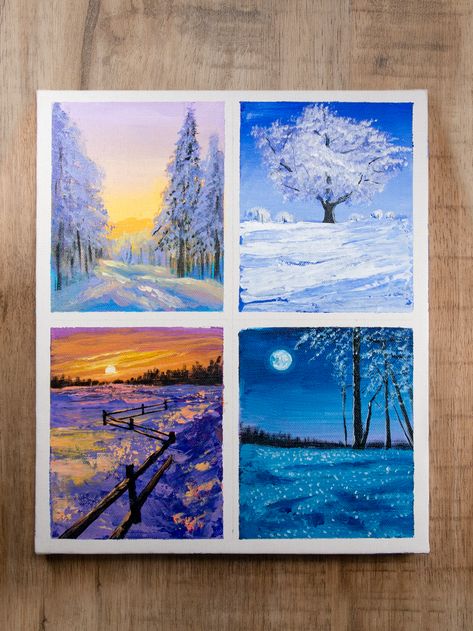 Intermediate Acrylic Painting Ideas, Acrylic Painting Beginner, Intermediate Acrylic Painting, Nature Paintings Acrylic, Acryl Art, Drawing Acrylic, Snow Landscape, Acrylic Painting Ideas, Oil Pastel Art