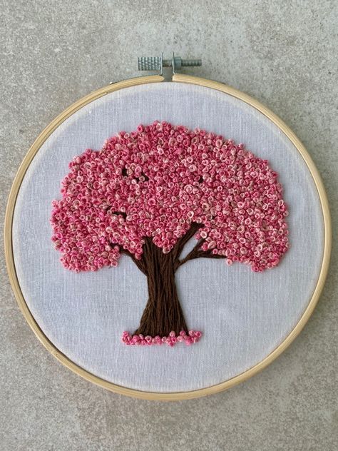 Frenchknots Embroidery Design, French Knot Designs Ideas, French Knot Stitch Embroidery Designs, French Knot Embroidery Designs Ideas, Embroidery Frame Wall Decor, Embroidery Tree Design, French Knot Embroidery Designs, Blossom Tree Embroidery, Cherry Tree Embroidery