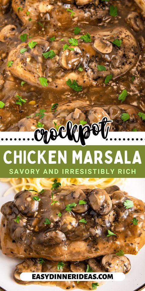 Crock pot chicken marsala is an easy way to make a fancy dinner at home with barely any effort! Tender, juicy chicken is slowly simmered with onions and mushrooms in a rich marsala gravy to create this easy dinner idea. Just add everything to the slow cooker and let it do all the work! Crockpot Fall Chicken Recipes, Marsala Gravy, Chicken Marsala Crockpot, Crock Pot Chicken Marsala, Slow Cooker Chicken Marsala, Chicken Marsala Recipe, Crockpot Chicken Thighs, Chicken Breast Crockpot Recipes, Dorm Food