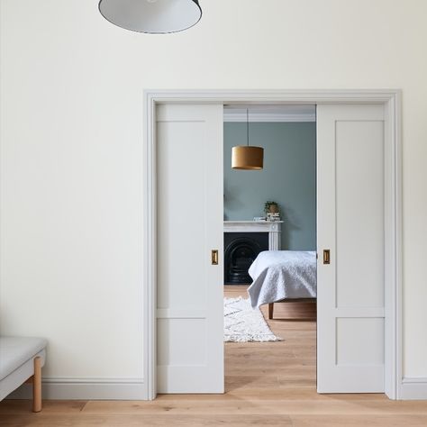 The pocket doors move in unison for ease of use, dividing the bedroom from the large master ensuite and walk in dressing room. Walk In Dressing Room, Pocket French Doors, Pocket Doors Bathroom, French Pocket Doors, Double Pocket Door, Bedroom Divider, Double Pocket Doors, French Doors Bedroom, Veneer Door