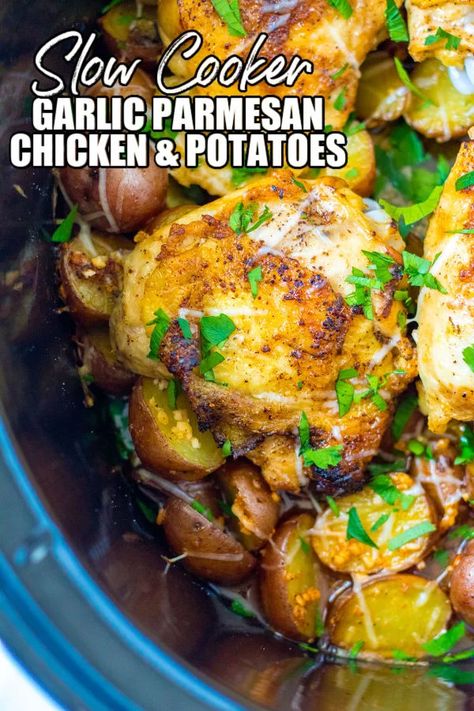 Slow Cooker Garlic Parmesan Potatoes, Chicken Thighs Slow Cooker Recipes, Crockpot Garlic Parmesan Chicken, Slow Cooker Garlic Parmesan Chicken, Crockpot Chicken And Potatoes, Potato Recipes Crockpot, Crockpot Chicken Thighs, Slow Cooker Chicken Thighs, Meat And Potatoes