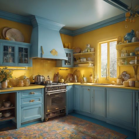 "a kitchen with blue cabinets and yellow appliances" Yellow Tile Kitchen Retro, Yellow Walls Blue Cabinets, Yellow Teal Kitchen, Yellow Kitchen Blue Cabinets, Yellow Wall Kitchen Ideas, Teal And Yellow Kitchen, Kitchen Design 2023 Trends, Yellow Blue Kitchen, Yellow Tile Kitchen