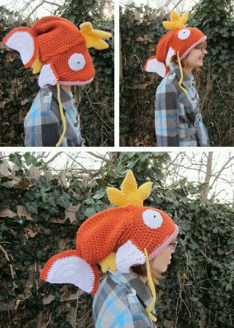 Fish hat..orignal and cute Magikarp Hat, Pokemon Hat, Crochet Pokemon, Pocket Monsters, Om Nom, Yarn Crafts, Crochet Crafts, Monkeys, Crochet Clothes