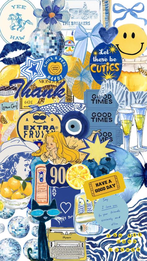 #wallpaper #yellow #blue #collage #lockscreen #yellowcollage #blueaestetic Collage Lockscreen, Maximalist Wallpaper, Shot Book, Blue Collage, Scrapbook Collage, Yellow Hibiscus, Collage Wallpaper, Patterns Wallpaper, Iphone Wallpaper App