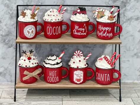 Hot Cocoa Tiered Tray, Decorating Ornaments, Tiered Tray Decor Christmas, Mug Decor, Marshmallow Crafts, Mini Mugs, Santa Mini, Canes Decor, Tray Decor Christmas