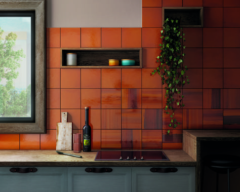 Haven is the new range of stunning glossy tiles from BluePrint, available in 10 eye-catching colours. Orange Tile Kitchen, Orange Tile, Orange Tiles, Tiles Direct, Orange Kitchen, Kitchen Splashback, Kitchen Tile, Kitchen Tiles, Kitchen Backsplash