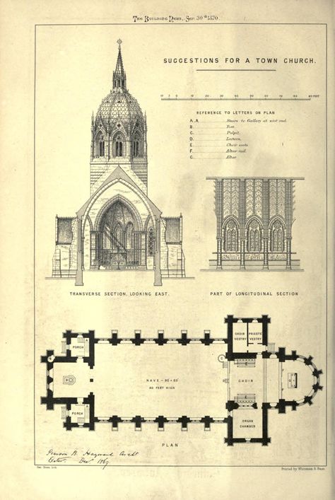 "Suggestions for a town church" 1870 Gothic Church Minecraft, Ecumenical Chapel Floor Plan, Church Building Plans, Early Gothic Architecture, European Churches Architecture, Church Design Architecture, Vintage Floor Plans, Ecumenical Church, Architecture Blueprints