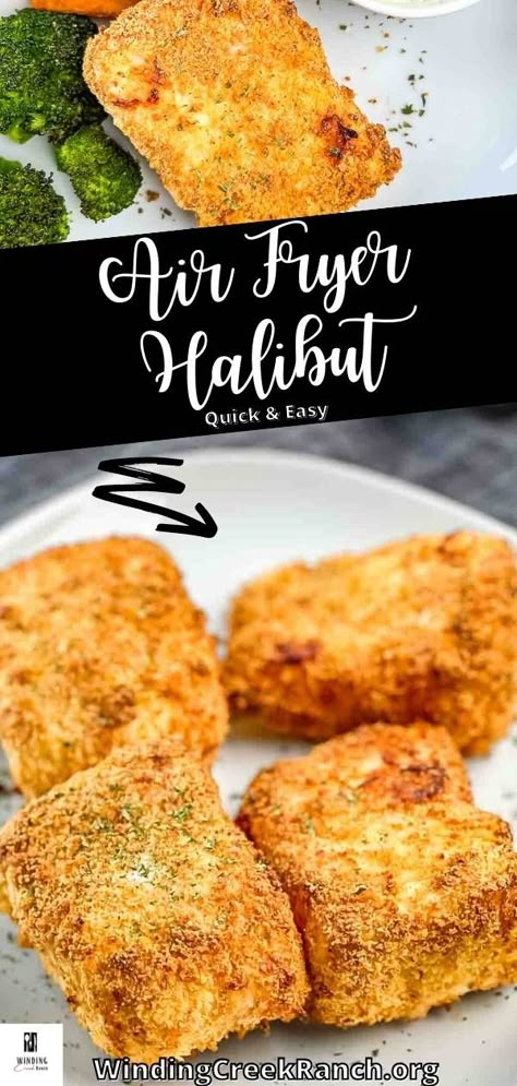 Air Fryer Halibut with Crispy Parmesan Crust Breaded Halibut In Air Fryer, Halibut Bites Air Fryer, Best Halibut Recipes Air Fryer, Air Fry Halibut, Parmesan Crusted Cod Air Fryer, Airfry Halibut Recipes, Pacific Halibut Recipe, Air Fried Halibut, Breaded Halibut Recipes