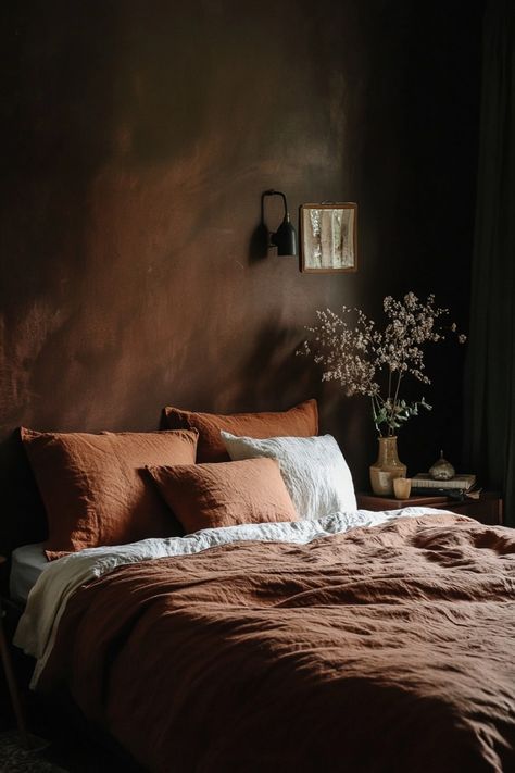 Rust Bedroom, Moody Bedroom Decor, Dark Academia Bedroom, Terracotta Bedroom, Dark And Moody Bedroom, Academia Bedroom, Moody Decor, Intimate Space, Warm Bedroom