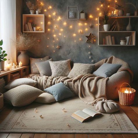 Cozy Reading Nook with Floor Cushions and Fairy Lights Cozy Pillow Corner, Meditation Reading Room, Nook Bedroom Ideas, Reading Nook In Bedroom Small Cozy Corner Comfy Chair, Floor Reading Nook, Floor Lounge Area, Cute Teen Girl Bedroom Ideas, Cozy Corner Bedroom, Meditation Corner In Bedroom