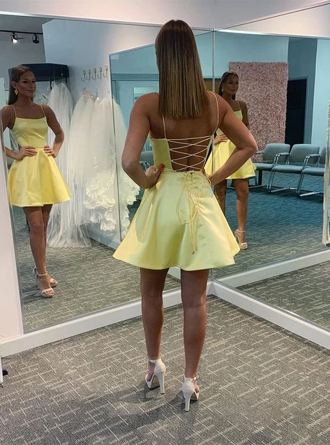 Simple A-Line Spaghetti Straps Yellow Homecoming Dress With Lace-Up – Laurafashionshop Homecoming Dresses Yellow, Yellow Homecoming Dresses, Short Hoco Dresses, Simple Homecoming Dresses, Homecoming Dress Short, Cute Homecoming Dresses, Hoco Dresses Short, Professional Dress, Yellow Satin