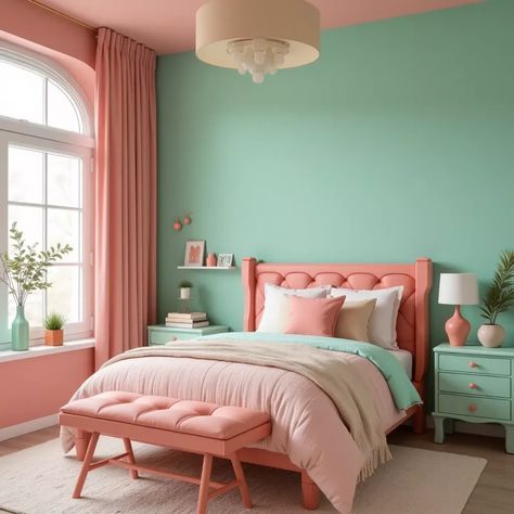 Coral Headboard, Pastel Bedroom Ideas, Top Bedroom Ideas, Mint Bedroom, Coral Bedroom, Sweet Interior, Top Kitchen Trends, Mint Green Walls, Inviting Bedroom