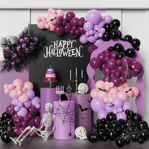 151PCS Halloween Pink Purple Black Balloon Garland Arch Kit with Bat Stickers for Kids Home Halloween Scary Spooky BOO Birthday Party Decorations (Pink Purple) Purple Halloween Balloon Garland, Purple Halloween Birthday Party, Purple And Black Halloween Decorations, Pink Purple Halloween, Purple Halloween Decor, Purple Halloween Decorations, Purple Halloween Party, Boo Birthday Party, Black Balloon Garland