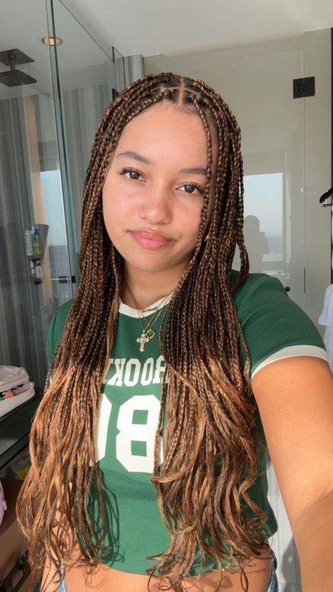 Braided Hairstyles Red Hair, Box Braids French Curls, Light Skin With Braids, Zoey Kravitz Braids, Dominican Braids, Braids For Mixed Women, Bombshell Braids, French Box Braids, Regular Box Braids