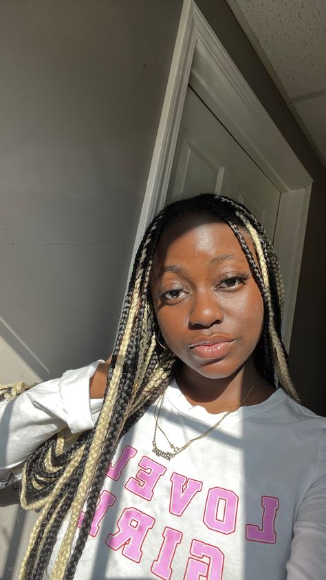 Black Box Braids With Blonde Highlights, Peakaboobraids Black And Blonde, Skunk Hair Braids, Black And Blond Braids, Blonde And Black Box Braids, Skunk Braids, Braids Black And Blonde, Black And Blonde Knotless Braids, Black And Blonde Box Braids