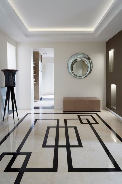 Modern tile floor interior design Tiles Design For Hall, Modern Floor Tiles, Black And White Floor, White Flooring, Best Bathroom Flooring, Floor Tiles Design, Marble Flooring Design, Foyer Flooring, Luxury Tile