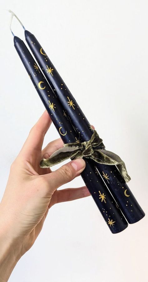 Hand Painted Halloween Candles, Fall Painted Candles, Candle Painting Ideas, Painted Taper Candles, Dark Blue Candles, Moon And Stars Design, Moon And Star Design, Candle Painting, Witchy Candles