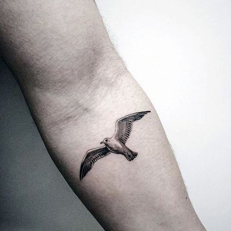 Small Detailed Guys Flying Seagull Tattoo On Inner Forearm  #small #tattoo #tattoos #tatuaje #pequeño #tatuajes Seagull Tattoo, Marine Tattoo, Flying Bird Tattoo, Flying Tattoo, Bird Tattoo, Tattoo Kits, Nature Tattoos, Tattoo Supplies, Birds Tattoo