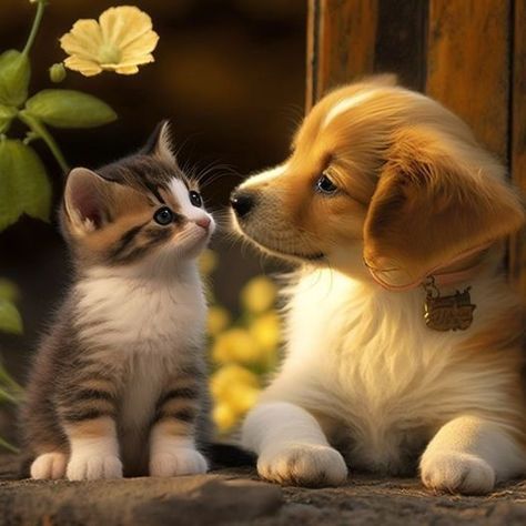 Celebrate Each New Day, Puppy And Kitten, Nice Painting, Cute Animal Clipart, Animals Friendship, Kitten Pictures, Pretty Dogs, Kittens And Puppies, Cute Animals Images