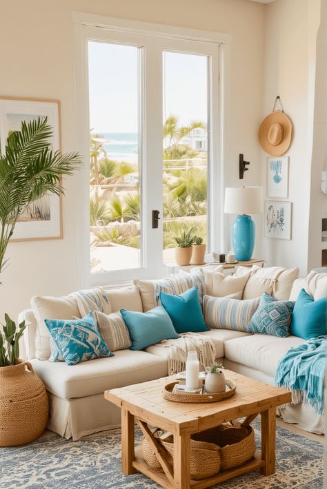 Costal Colorful Living Room, Coastal Home Decor Living Room, Seaside Boho Decor, Bohemian Beach House Area Rugs, Coastal Boho Living Room Rug, Boho Coastal Living Rooms Blue, Coastal Farmhouse Living Room Ideas, Boho Coastal Living Rooms, Coastal Living Rooms Ideas