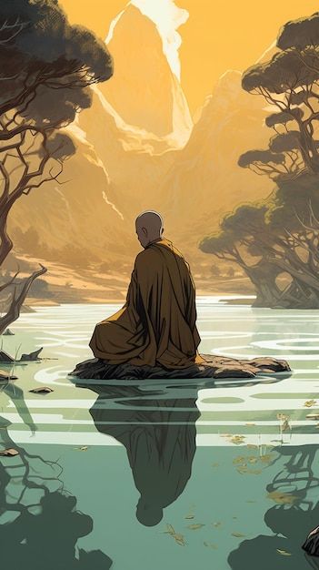 A cartoon of a monk sitting on a rock in... | Premium Photo #Freepik #photo #monk #buddhist-monk #buddha #buddhist Shaolin Monks Wallpaper, Monk Mode Wallpaper, Buddhist Monk Art, Monk Meditation Art, Monk Wallpaper, Buddhist Wallpaper, Buddhist Aesthetic, Monk Artwork, Monk Drawing