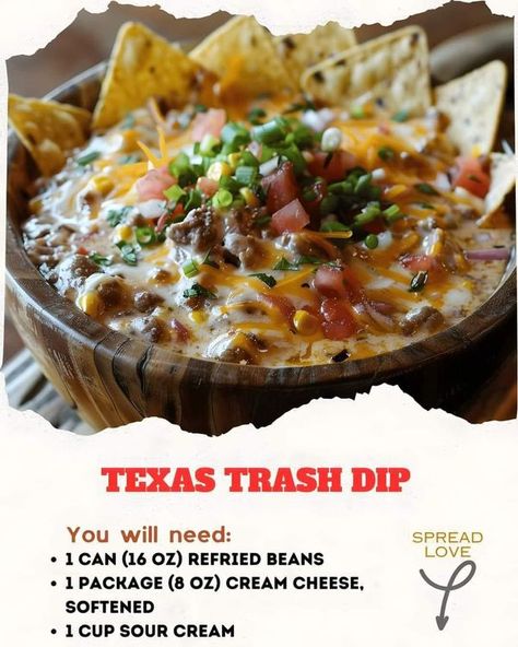 The Pioneer Woman - Ree Drummond | Texas Trash Dip 🧀🌶️ | Facebook Texas Trash Dip Recipe, Texas Trash Dip, Texas Trash, Spicy Dip, Grandma Cooking, Martha Stewart Recipes, Football Snacks, Jamie Oliver Recipes, Taco Dip