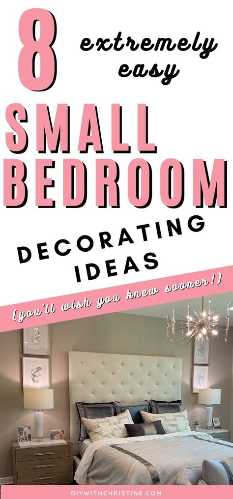 Tired of walking into the same, old, boring, cluttered, tiny master bedroom? Use these 8 easy small bedroom decorating ideas on a budget for your room and turn it into the personal oasis you can’t wait to walk into! Home improvement DIY Bedroom Ideas you need to implement today! #newhomeowners #homedecorbedroom #diyproject #bedroomdecor #smallbedroomdecoratingideasonabudget Cheap Bedroom Makeover, Small Bedroom Decorating Ideas, Diy Bedroom Ideas, Small Bedroom Decorating, Small Bedroom Ideas For Women, Bedroom Ideas For Small Rooms Women, Small Bedroom Makeover, Very Small Bedroom, Small Bedroom Ideas For Couples