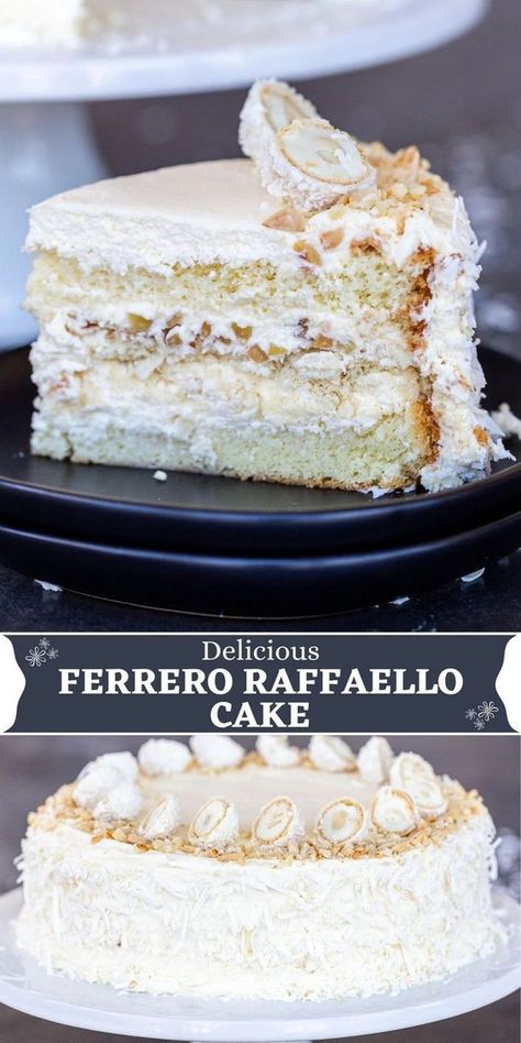 Ferrero Raffaello Cake, Almond Coconut Cake Recipe, Almond Milk Cake Recipes, Rafaello Cake Recipes, Raffaelo Cakes, Coconut Mousse Cake, Almond Cake Decoration, Cake Rafaello, Moist Cake Recipes Homemade