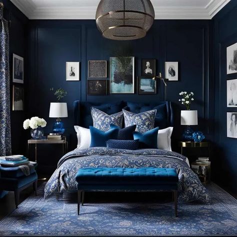 Victorian Blue Bedroom, Bedroom Sanctuary Ideas, Feminine Bedroom Ideas, Dark Academia Bedroom Ideas, Dark Maximalism, Dark Feminine Bedroom, Moody Rooms, Moody Room, Academia Bedroom