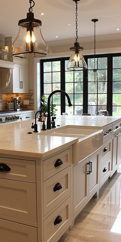 Kitchen Island Sinks And Faucets, Kitchen Ideas Sink In Island, Kitchen With Double Islands, Kitchen Design With Sink In Island, Kitchen Design Island Bench, Sink In Island Kitchen Layout, Sink Island Kitchen, Island Sink Kitchen, Kitchen With Sink In Island