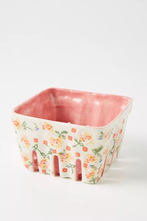 Floral Ceramic Berry Basket | Anthropologie Blueberry Bowl Ceramins, Ceramic Fruit Storage, White Ceramic Fruit Basket, Berry Bowls Pottery Ceramics, Ceramic Berry Basket, Berry Basket, Pottery Inspo, Anthropologie Home, Berry Baskets