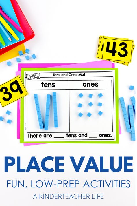 Place Value worksheets for kindergarte and first grade. Build two-digit numbers as ten and ones using this math mat. They can draw a picture or use base 10 blocks. Students complete the sentence by writing how many tens and ones they have. Base 10 Block Activities, Tens And Ones Activities, Base Ten Blocks Activities, Base Ten Activities, Math Stations Kindergarten, Kindergarten First Week, Fall Kindergarten Activities, Tens And Units, Kindergarten Special Education