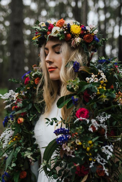 039 Colourful & Floral-Filled Forest Wedding Inspiration Photographed by Tahnee Jade Photography - Image Polka Dot Wedding Big Flower Crown, Wedding Chuppah Flowers, Forest Wedding Inspiration, Wedding Flower Crown, Boda Mexicana, Bright Florals, Polka Dot Wedding, Wedding Flowers Summer, Fairy Wedding