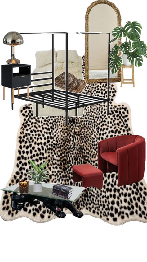 Cheetah/Leopard Print Red Accent Chair Cheetah Print Rug PUMA GLASS TABLE Black Canopy Bed GOLD MIRROR Black Accent Table Canopy Bed Gold, Cheetah Print Bedroom, Leopard Print Bedroom, Leopard Room, Leopard Bedroom, Cheetah Print Rug, Black Canopy Bed, Red Accent Chair, Black Accent Table