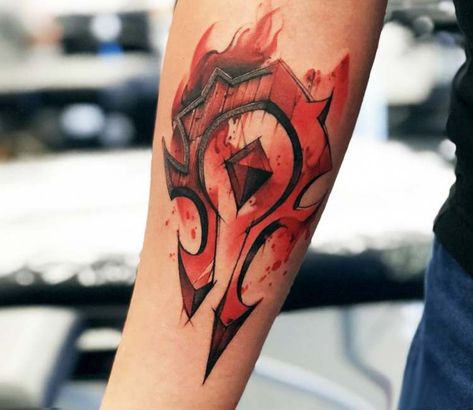 For the Horde tattoo by Roman Kor Hearthstone Tattoo, Horde Tattoo, Wow Tattoo, Horde Symbol, Elf Tattoo, World Of Warcraft Game, Warcraft Game, Hunter Tattoo, Nerdy Tattoos