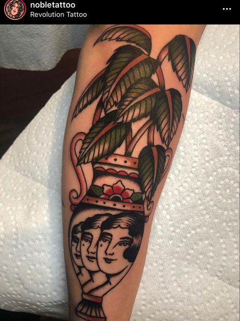 Plant Vase Traditional Tattoo, Potted Plant Tattoo, Traditional Plant Tattoo, Traditional Tattoo Vase, Serena Core, Vase Tattoo, Plant Tattoos, Cool Art Work, Traditional Tattoo Inspiration