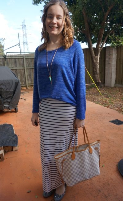 blue marle knit jumper navy white stripe maxi skirt LV neverfull bag Maxi Skirt Ballet Flats, Lv Neverfull, Striped Maxi Skirts, Mum Fashion, Printed Maxi Skirts, Louis Vuitton Bag Neverfull, Knit Jumper, Ballet Flats, White Stripe