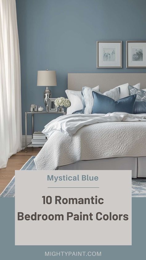 10 Romantic Bedroom Paint Colors to Set the Mood Soothing Bedroom Colors Sherwin Williams, Master Bedrooms Behr Paint, Blue Bedroom Accent Wall Ideas, Bedroom Color Ideas Blue, Cozy Blue Paint Colors, Light Blue Painted Bedroom, Smoky Blue Sherwin Williams Bedroom, Best Bedroom Blue Paint Colors, Blue Colors For Bedroom