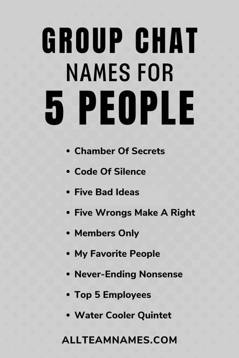 list of group chat names for 5 people like five bad ideas and top 5 employees Group Chat Pfp For 5 Friends, Group Chat Names For 5 Friends, Group Chat Names For 5, Funny Group Chat Names, Group Chat Names, Gamer Names, Group Names Ideas, 5 Best Friends, Group Name