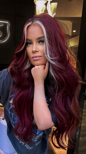 Joscelyn Dickey on Instagram: "In honor of “red velvet cream cheese hair”being 1 year ❤️‍🔥👏🏻  #southlakehairstylist" Kelsie Wieland Hair, Blonde Streaks In Red Hair, Blonde To Burgundy Before And After, Hair Dye Ideas For Pale Skin, Cherry Cola Hair With Money Piece, Side Part Money Piece, Red Hair With White Streak, Dark Red Hair With Money Piece, Red And Gray Hair