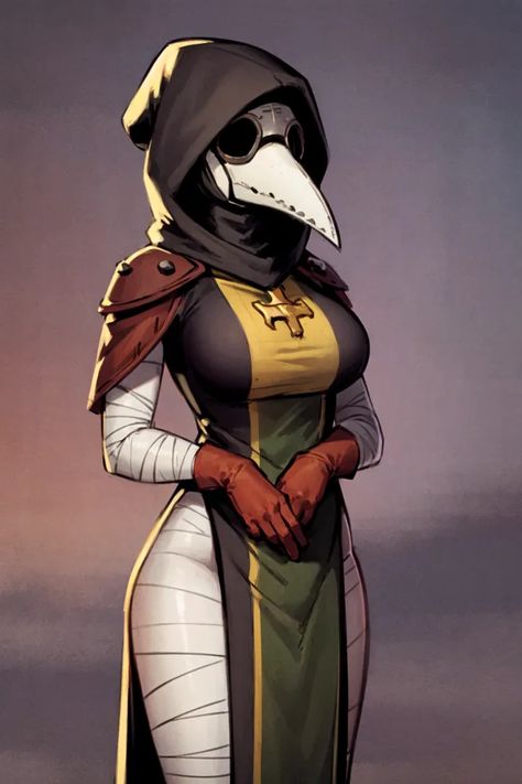 The image is of a woman wearing a plague doctor's costume. She is wearing a black hat with a long beak-like mask. The mask has two eye holes and a small hole for the mouth. She is also wearing a black cloak with a yellow cross on the front. The cloak is trimmed with red and has a hood. She is wearing brown gloves and her arms are wrapped in bandages. She is standing in front of a dark background. Beak Mask, Plague Doctor Costume, Creepypasta Girls, Idle Game, Fantasy Story Ideas, Plague Mask, Doctor Costume, Black Cloak, Brown Gloves