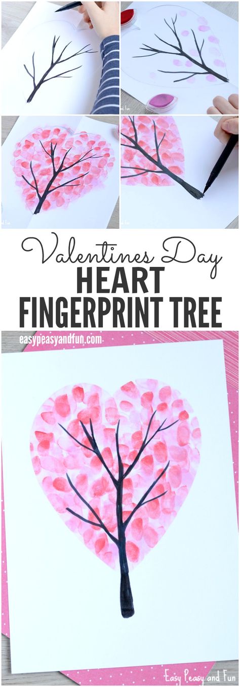 Valentines Day Heart Fingerprint Tree Craft for Kids Heart Fingerprint, Heart Art Projects, Valentine Kids, Valentines Bricolage, Easy Valentine Crafts, Valentinstag Party, Fingerprint Tree, Valentine's Day Crafts For Kids, Preschool Valentines