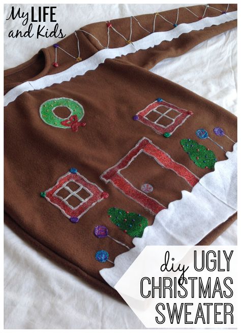 DIY Ugly Christmas Sweater - My Life and Kids Ugly Christmas Sweater Diy Funny, Ugly Sweater Day, Sweater Diy, Diy Gingerbread, Ugly Sweater Diy, Diy Ugly Christmas Sweater, Ugly Sweater Contest, Tacky Christmas Sweater, Gingerbread Diy